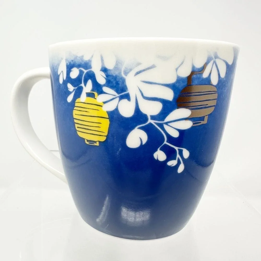 VERY RARE Starbucks Japanese Mug with Lanterns and Floral Motif Blue Yellow Gold